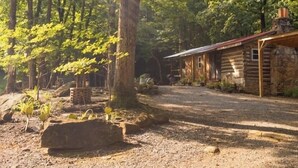 Una cabaña rústica con chimenea de piedra, rodeada de un bosque.