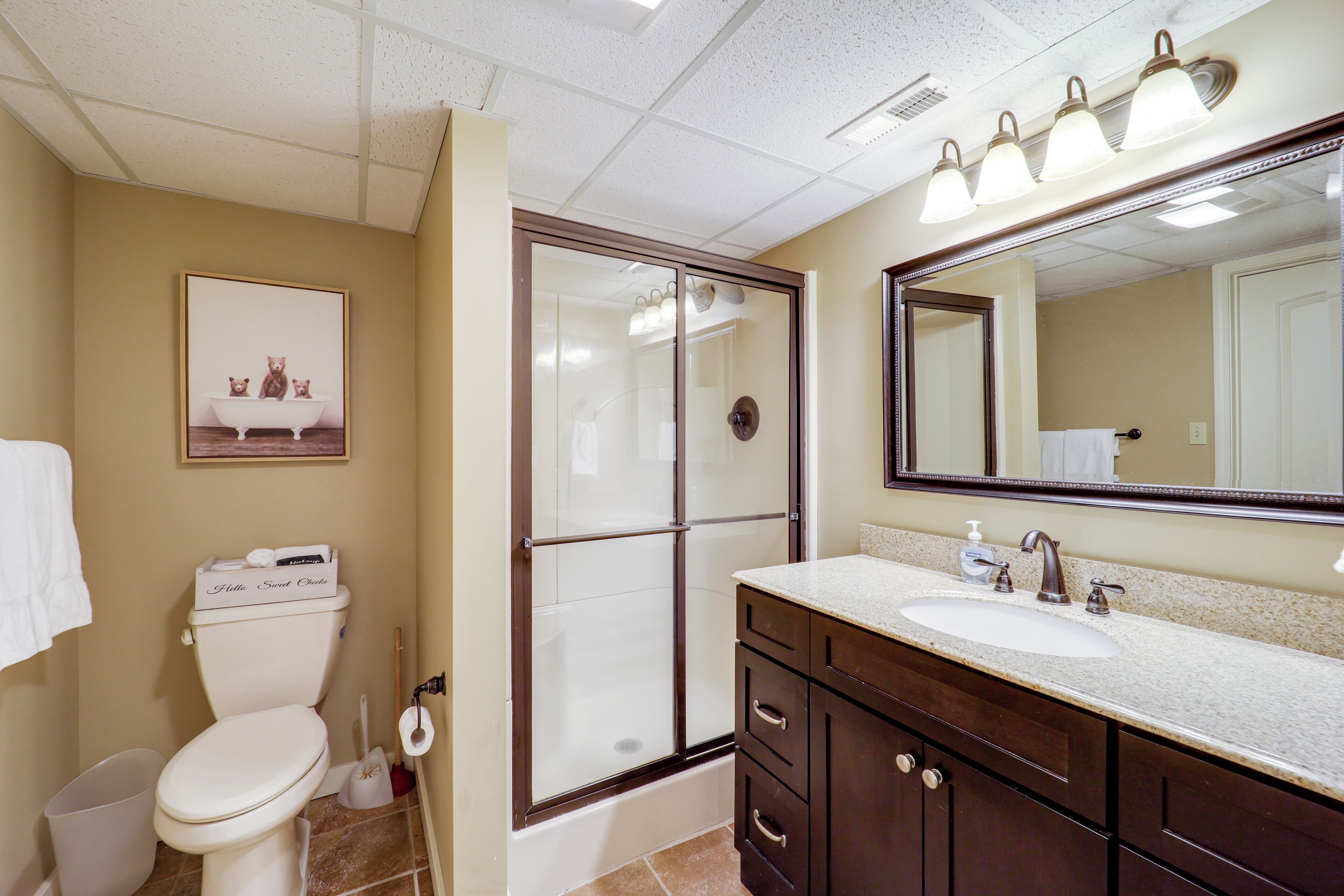 A bathroom with a toilet, a shower, a sink, and a mirror.