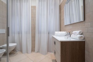 Combined shower/tub, hair dryer, bidet, towels