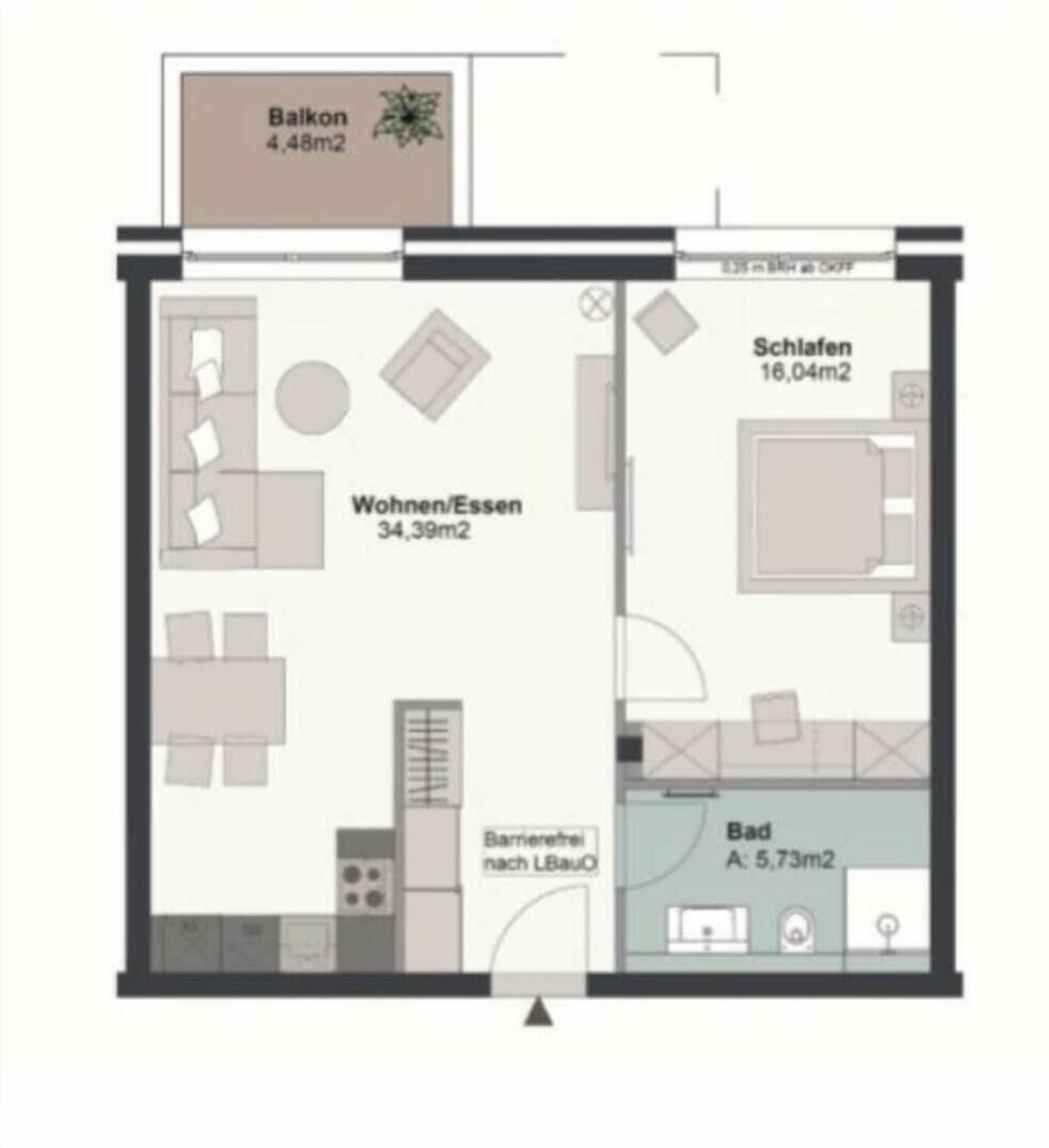 Pianta dell'hotel che mostra una stanza con balcone, zona soggiorno, bagno e angolo cottura.