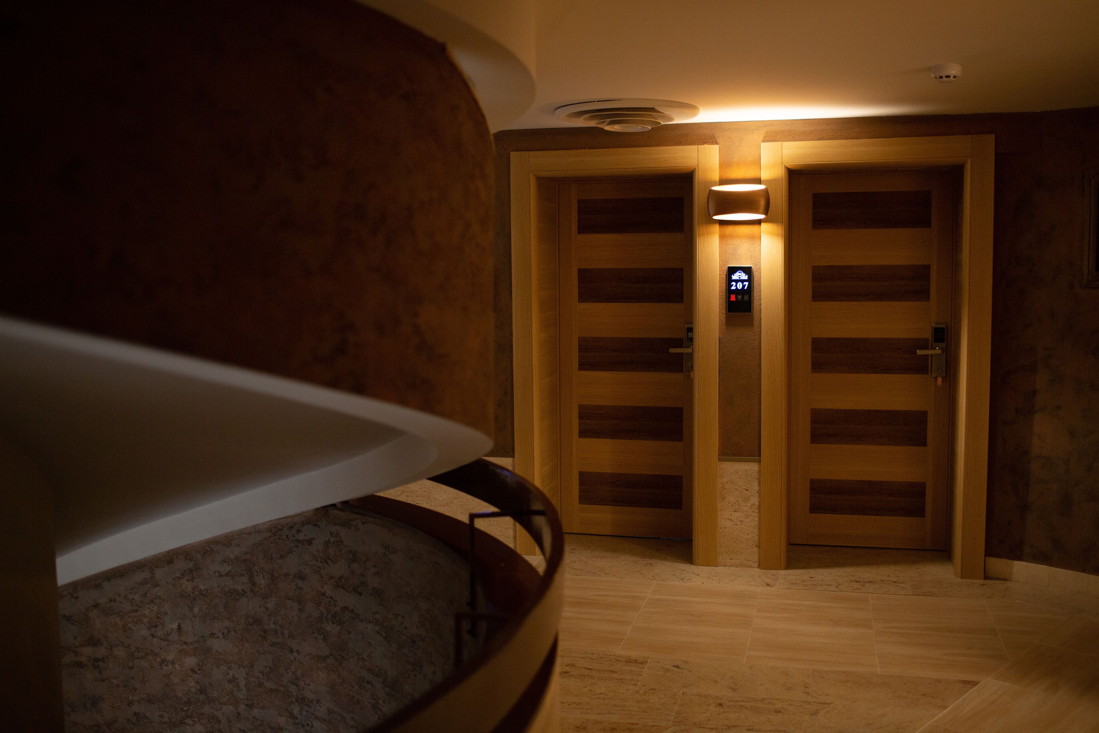 A hallway with wooden doors and a ceiling light.