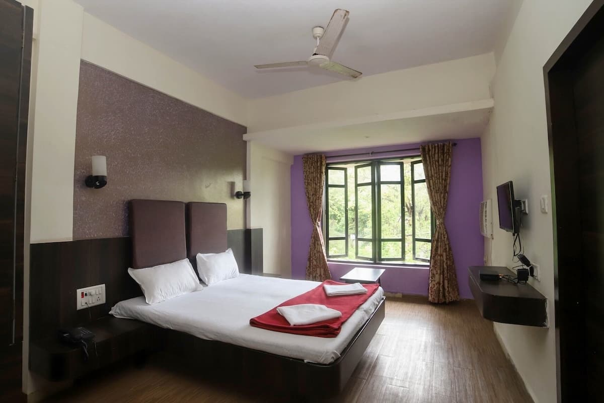 A hotel room with a large bed, a ceiling fan, a window with curtains, and a television on a stand.