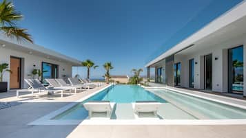 Indoor pool, outdoor pool, sun loungers