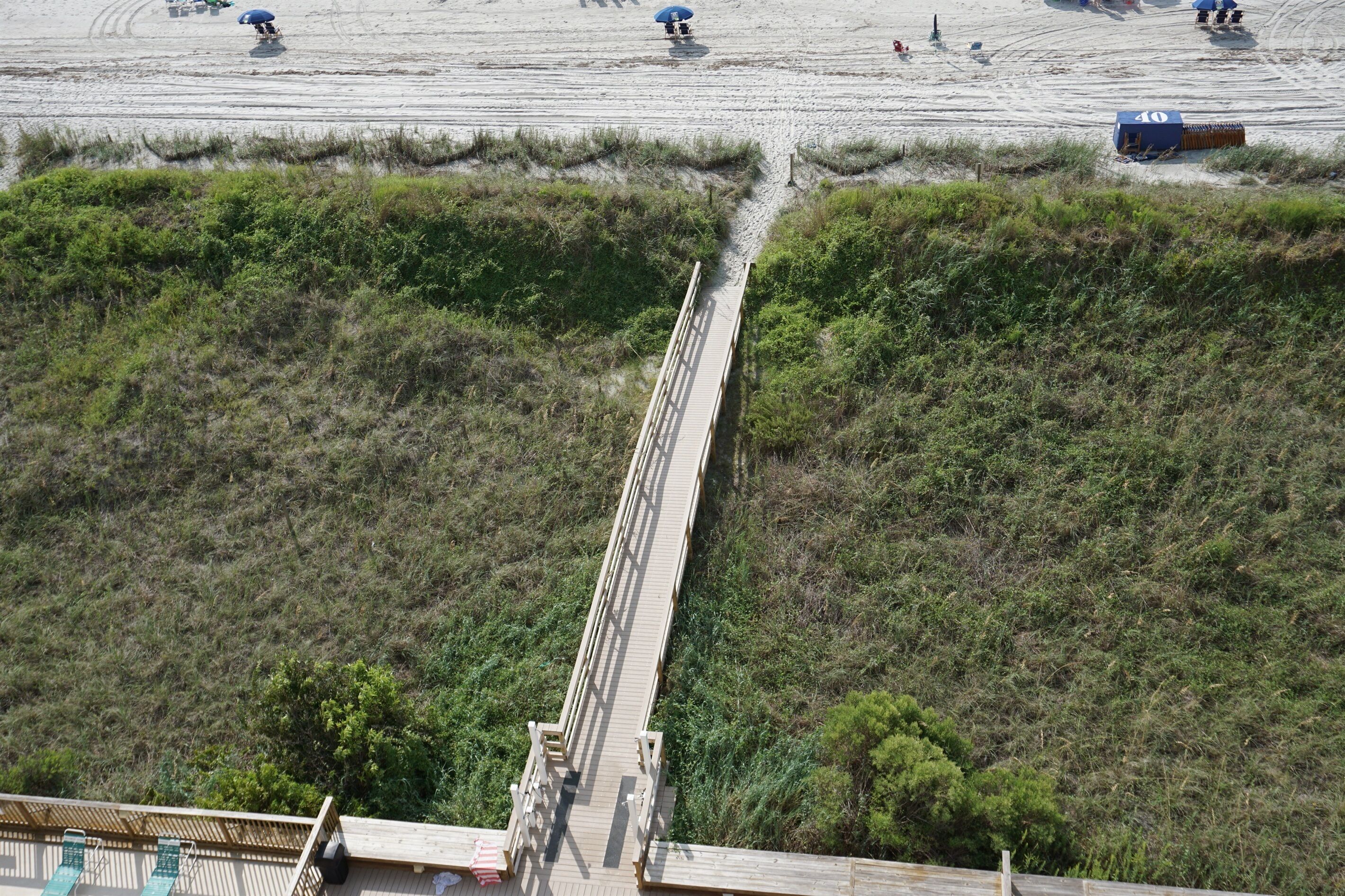 Uma ponte de madeira liga duas áreas gramadas, com uma praia de areia ao fundo.