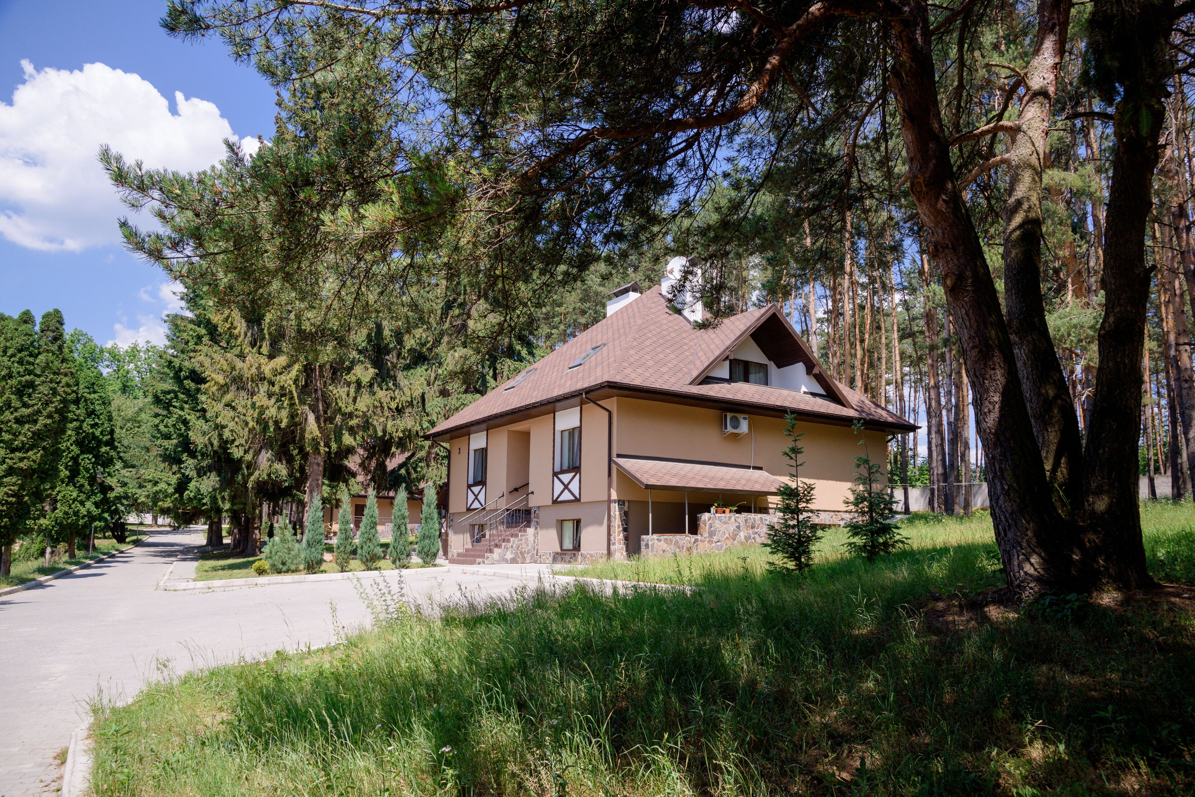 A two-story house with a sloped roof, surrounded by tall trees and a clear sky.