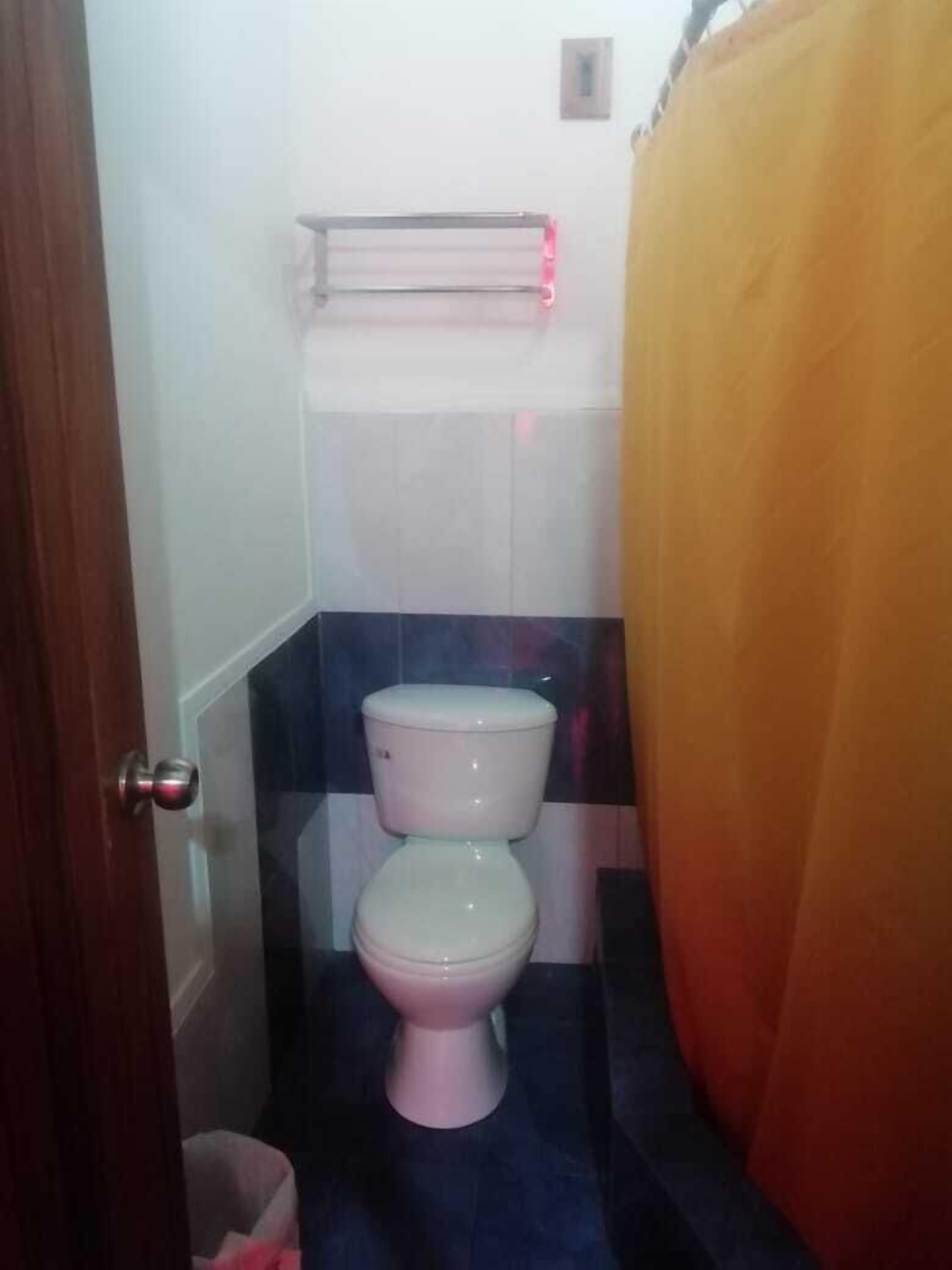 Un baño pequeño con inodoro, toallero y cortina de ducha.