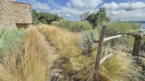 Un bâtiment en pierre, avec un sentier menant à un plan d’eau, entouré de hautes herbes et d’arbres.