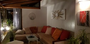 Televisio, takka, pöytätennispöytä, kirjoja