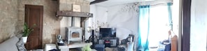 Televisión, chimenea, mesa de ping pong, libros