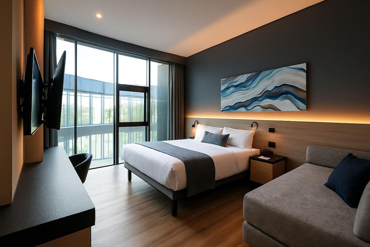 A modern hotel room with a large bed, a desk, a sofa, and a TV.