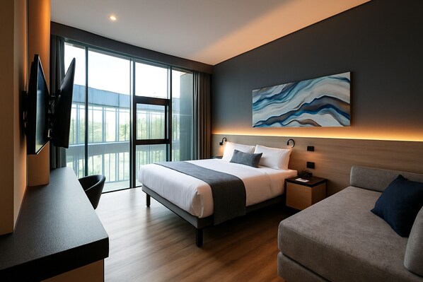 Handicap Room, City View | Een kluis op de kamer, een bureau, een laptopwerkplek