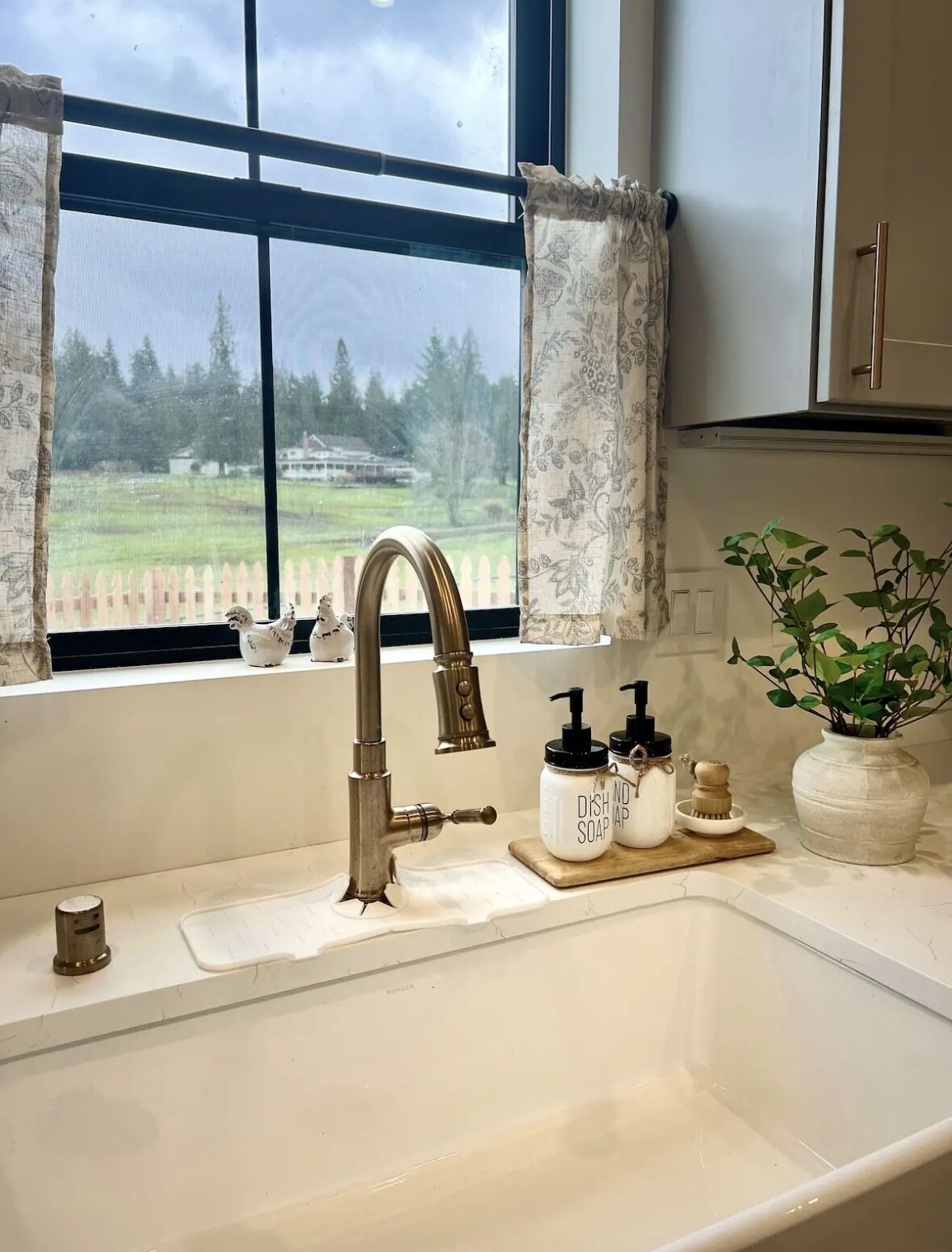 A kitchen with a stainless steel sink, a window with a view of a green landscape, and a potted plant on the counter.