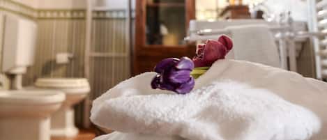 Hair dryer, towels, soap, toilet paper