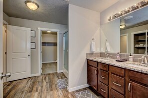 Combined shower/bathtub, hair dryer, towels