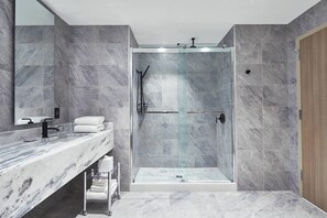Shower, rainfall showerhead, eco-friendly toiletries, hair dryer