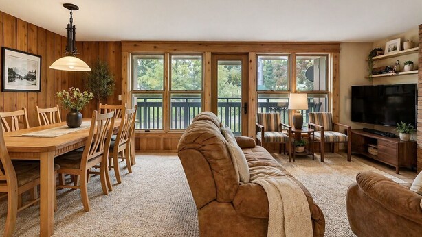 A cozy living room with a sofa, TV, and dining area with chairs and a table. - Affordable Aspen - Heart of Downtown (Aspen)