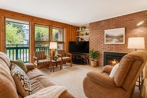 Télévision, cheminée, chaîne hi-fi