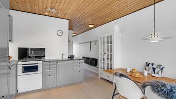 Fridge, stovetop, dishwasher, coffee/tea maker