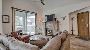 Smart TV, chimenea, libros