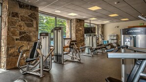 A gym with various exercise machines, stone walls, and large windows. - ON CLOUD 9 - Perfect location for all seasons! (Breckenridge)