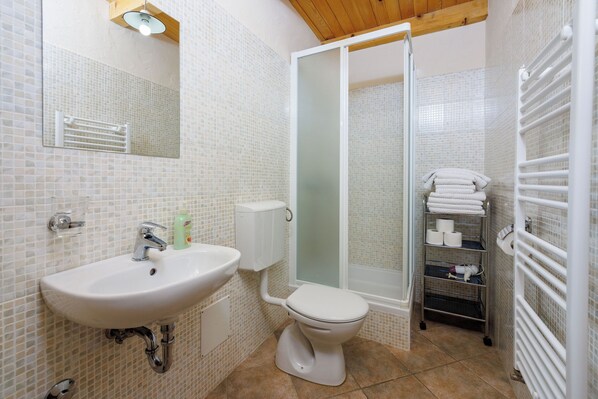 A bathroom with a white sink, toilet, and shower. There is a mirror above the sink and a towel rack to the right.