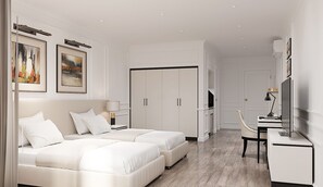 A modern hotel room with two beds, a desk, a chair, and a TV. There are framed artworks on the wall and a wardrobe with a sliding door.
