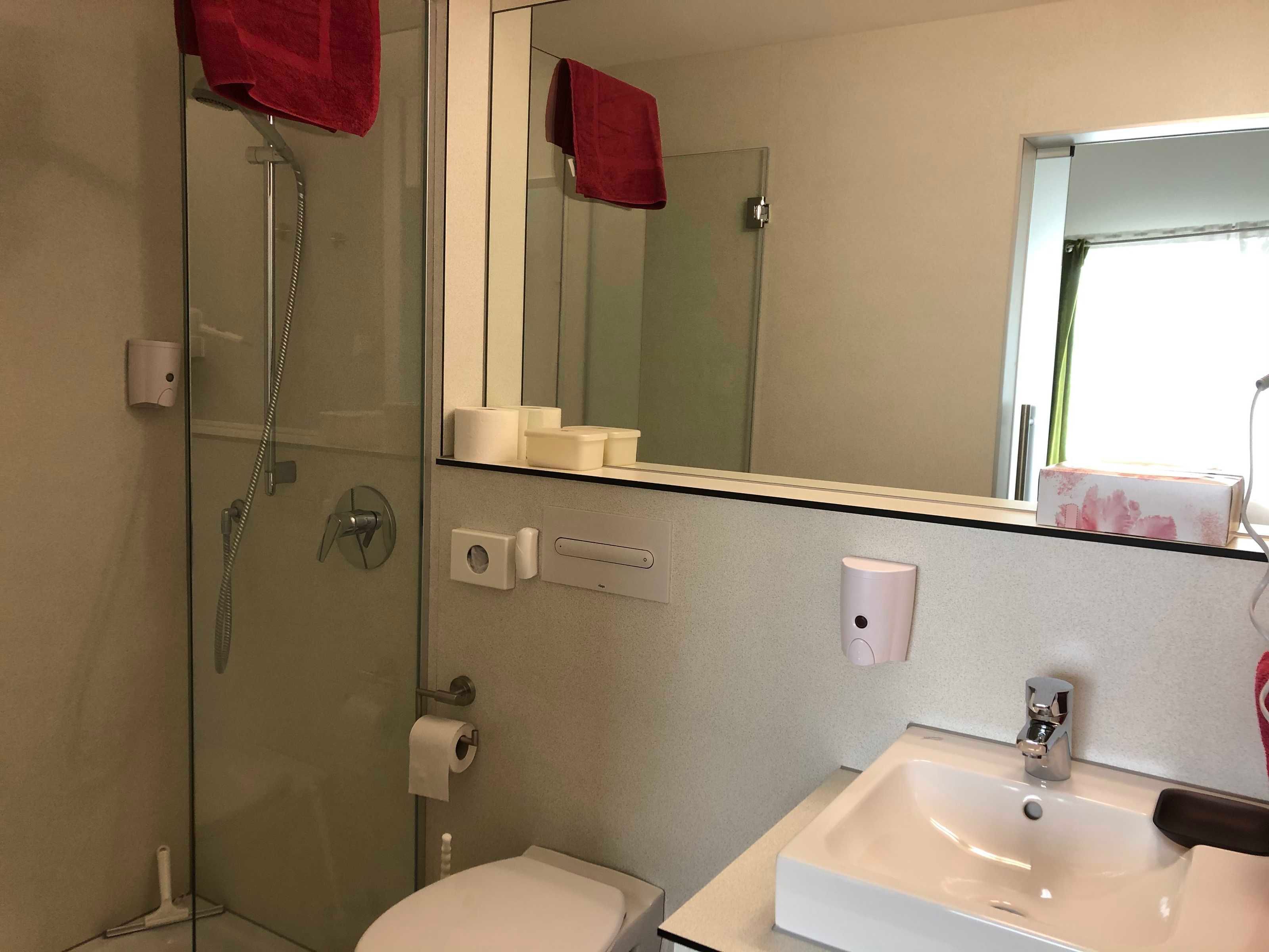 Hair dryer, towels, soap, toilet paper