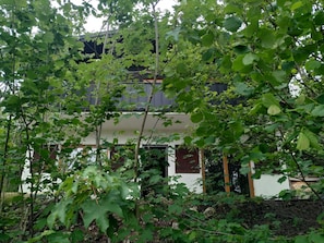 A building partially obscured by foliage, with a visible entrance and a white exterior.