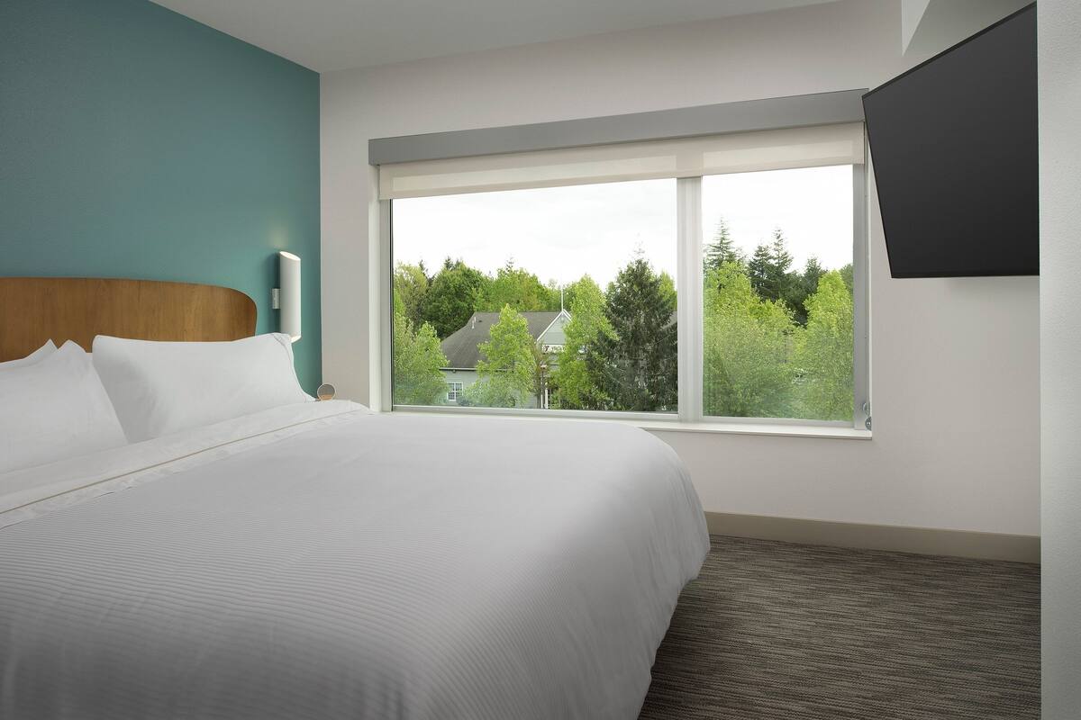 A hotel room with a large bed, a window with a view of trees and a house, and a wall-mounted TV.