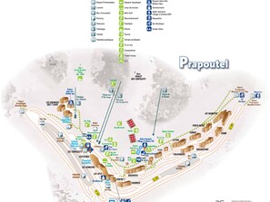 Mapa detalhado de uma estância de esqui, com pontos de interesse marcados como teleféricos, estacionamento e diversas áreas de atividades.