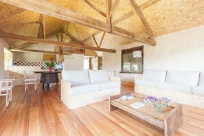 TV, fireplace, books, offices