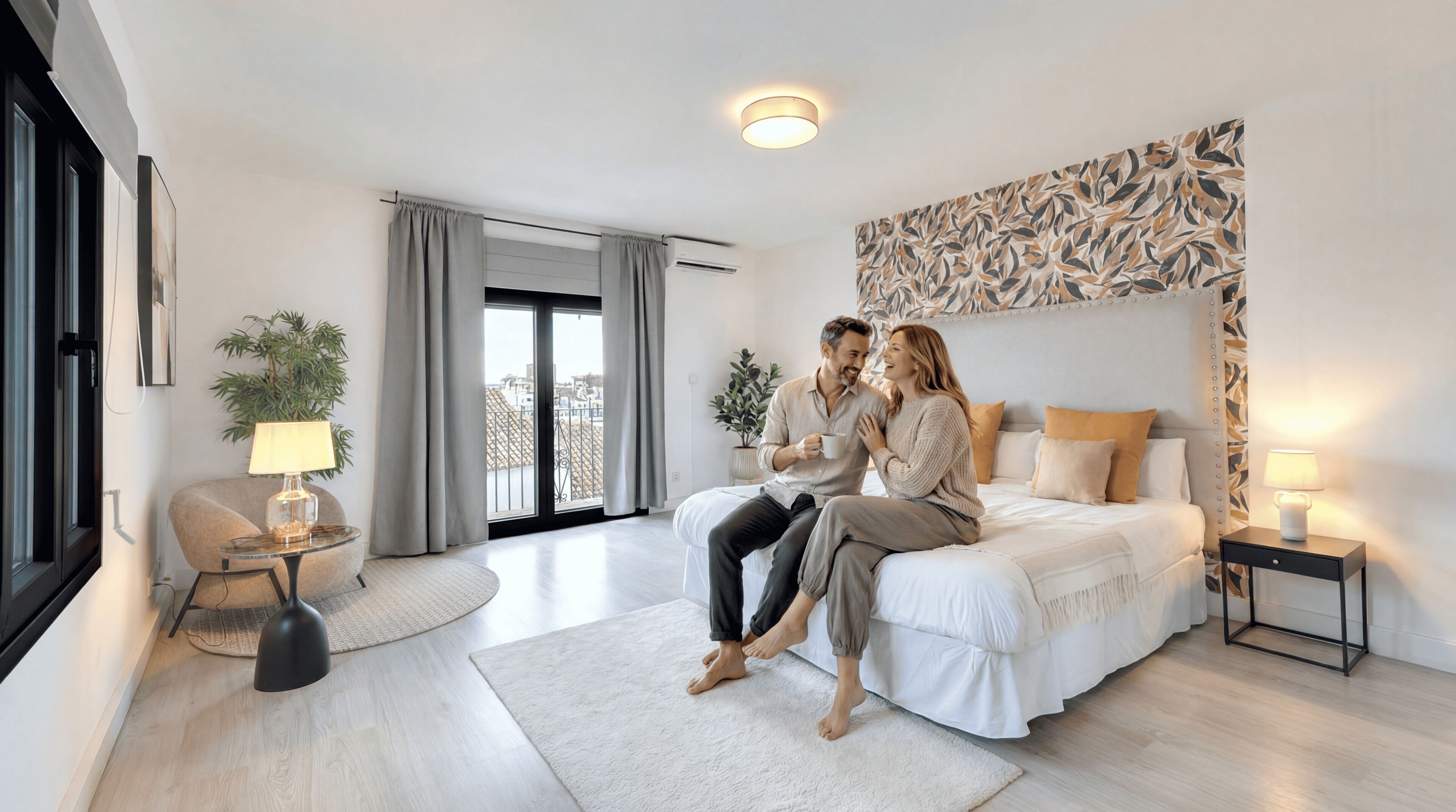 Une chambre moderne avec un grand lit, une table de chevet, une lampe et une vue sur la ville grâce à une grande fenêtre.