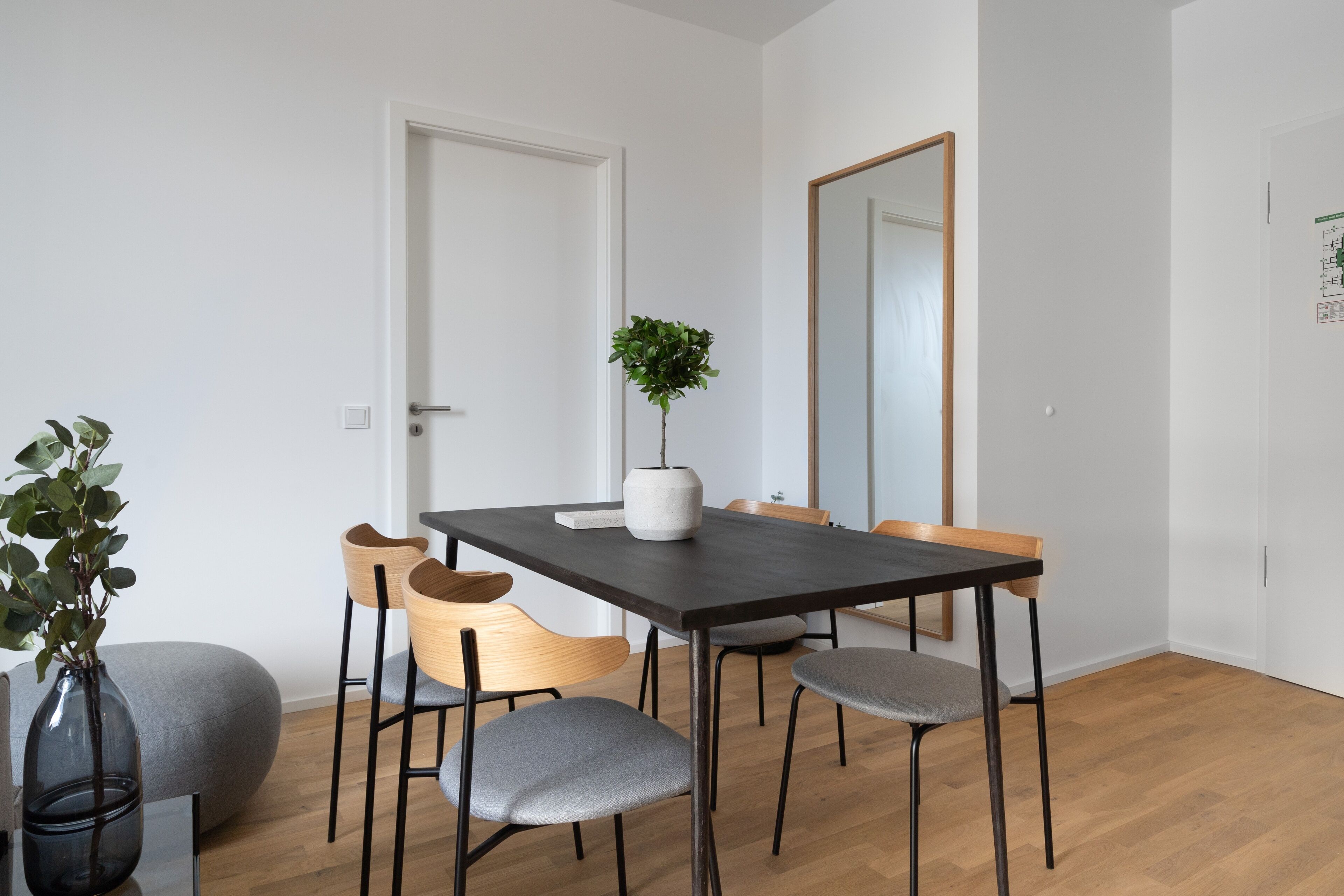 A modern dining area with a dark wooden table, six chairs, and a potted plant.