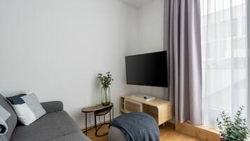 Ein modernes Wohnzimmer mit einem grauen Sofa, einem Flachbildfernseher, einem kleinen Beistelltisch mit einer Vase und einem Fenster mit grauen Vorhängen.
