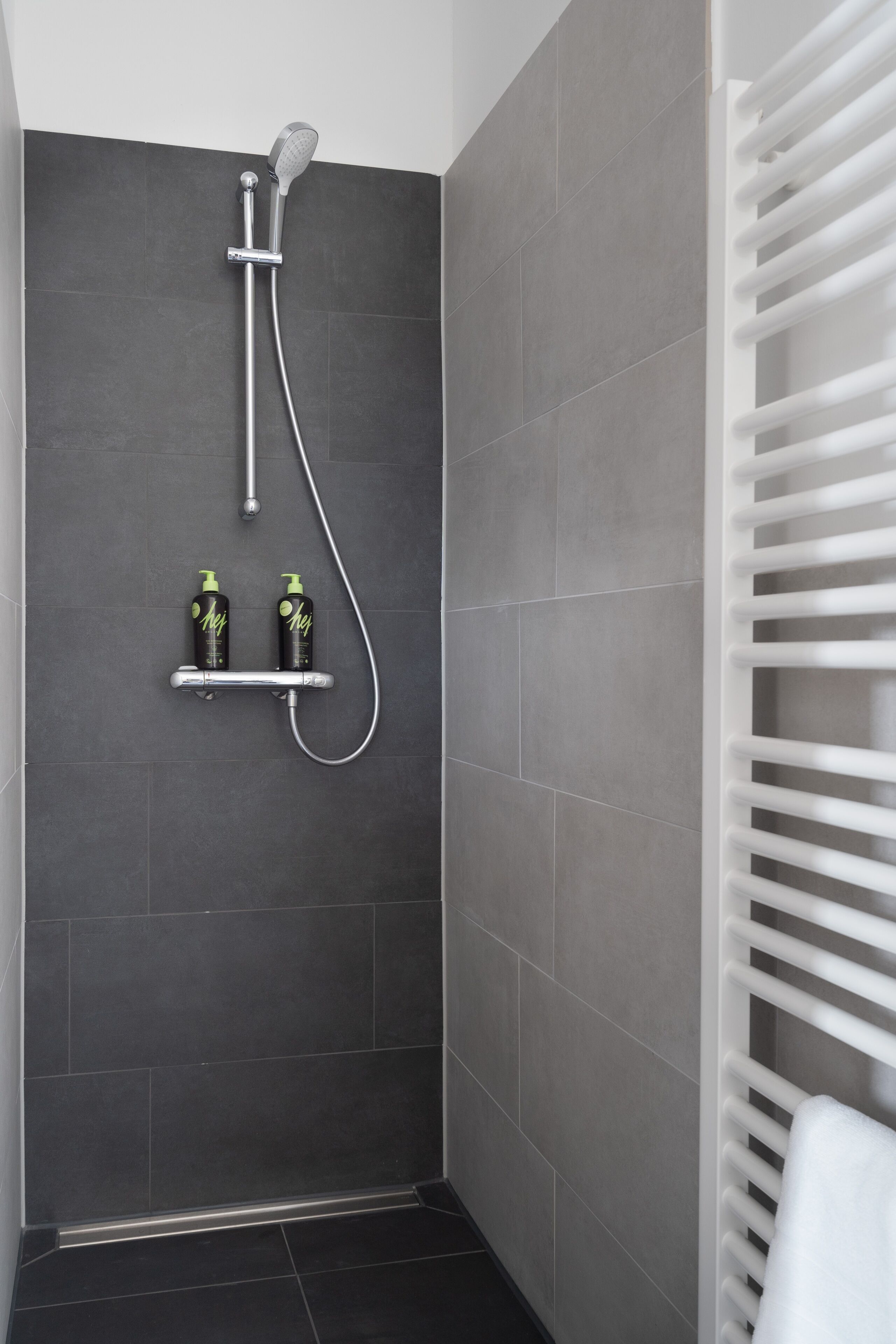 A modern shower with a handheld showerhead and a wall-mounted faucet. There are two bottles of shampoo on a shelf below the showerhead.