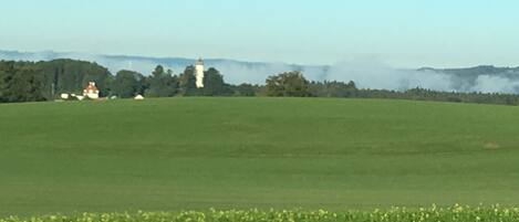 A wide-open field with a distant tower and trees.