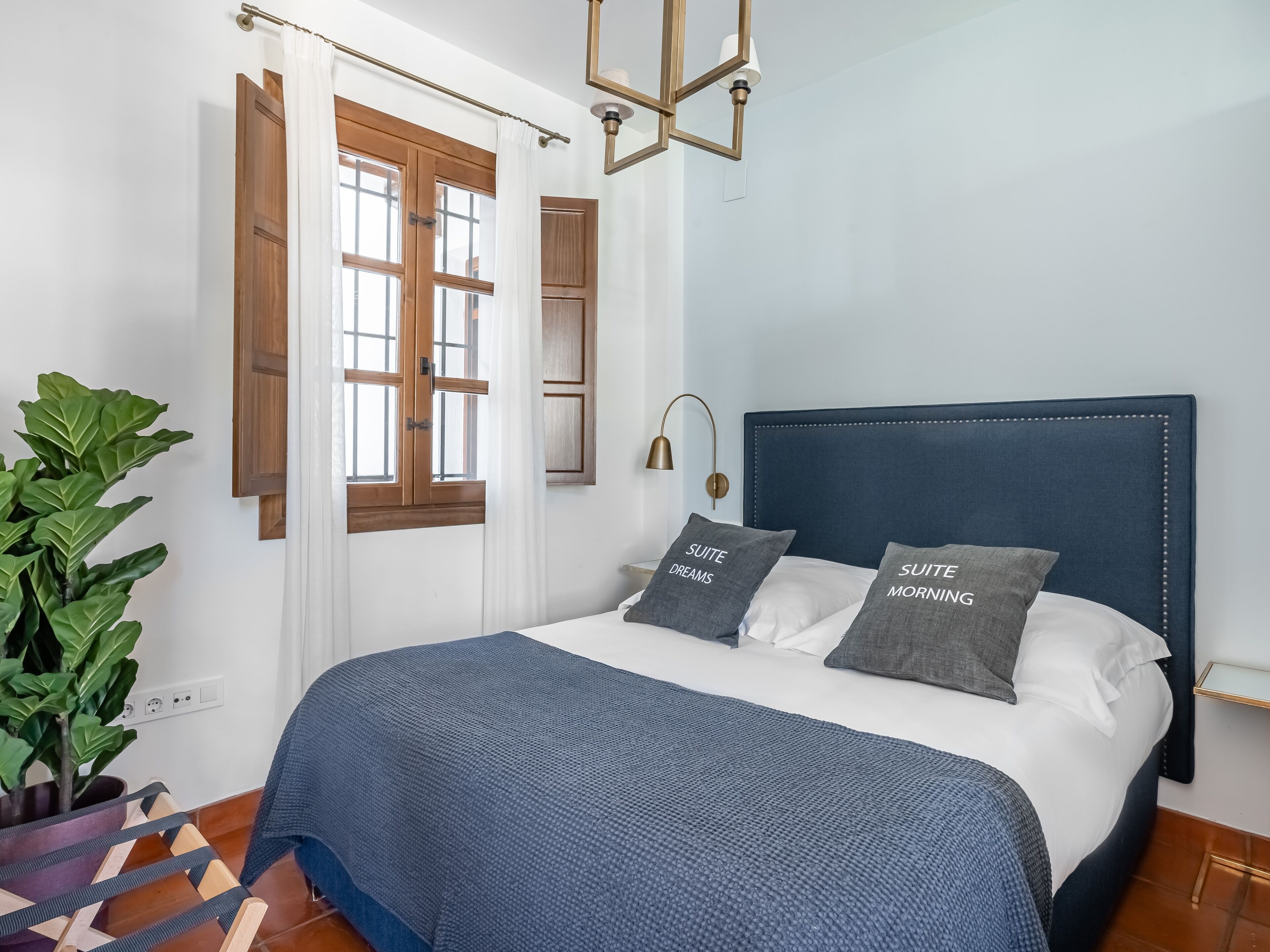 A bedroom with a bed, two pillows, a bedside table, a lamp, a window with curtains, and a potted plant.