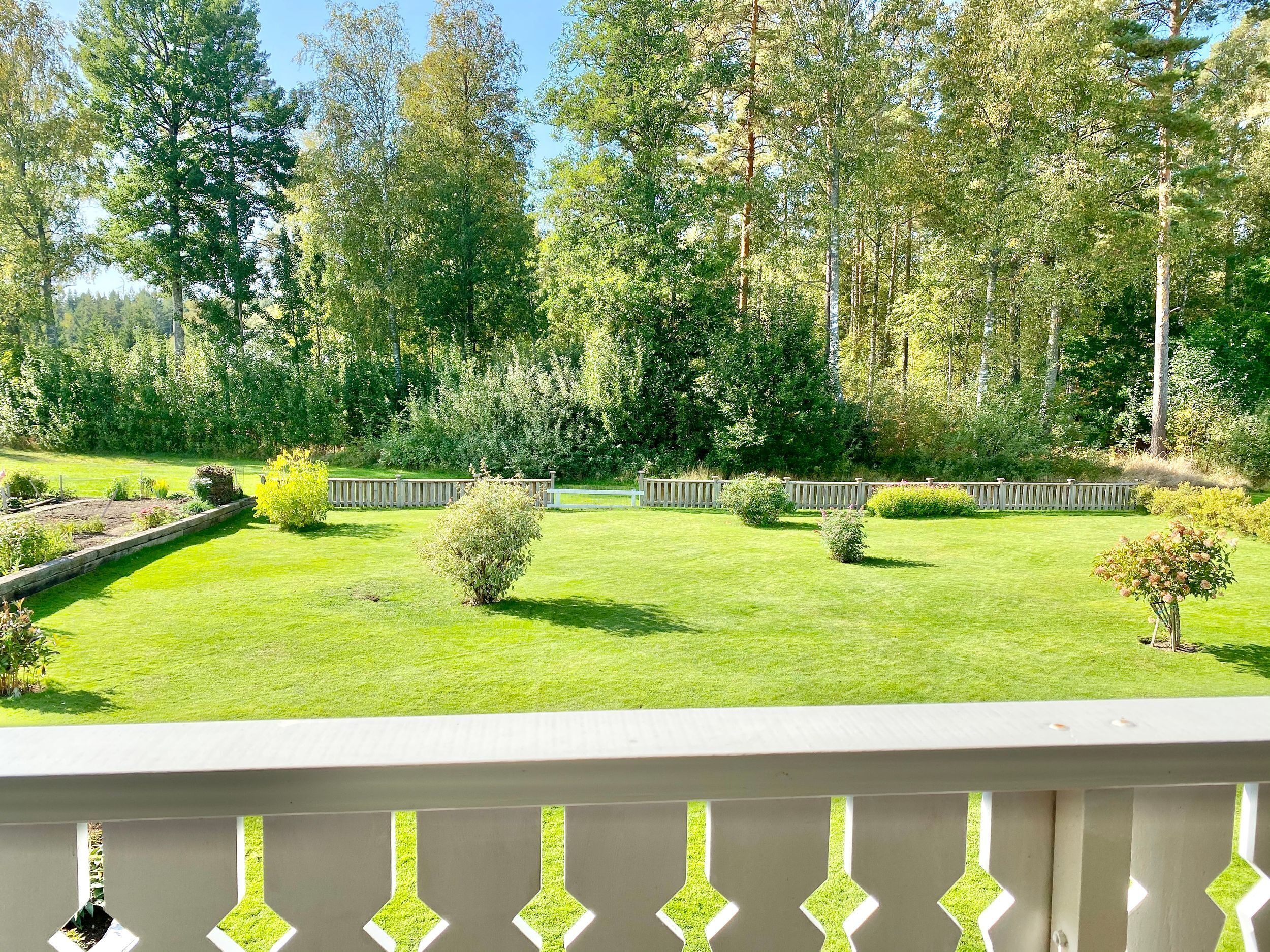 Un jardín bien cuidado con una terraza de madera, rodeado de árboles altos y diversos arbustos.