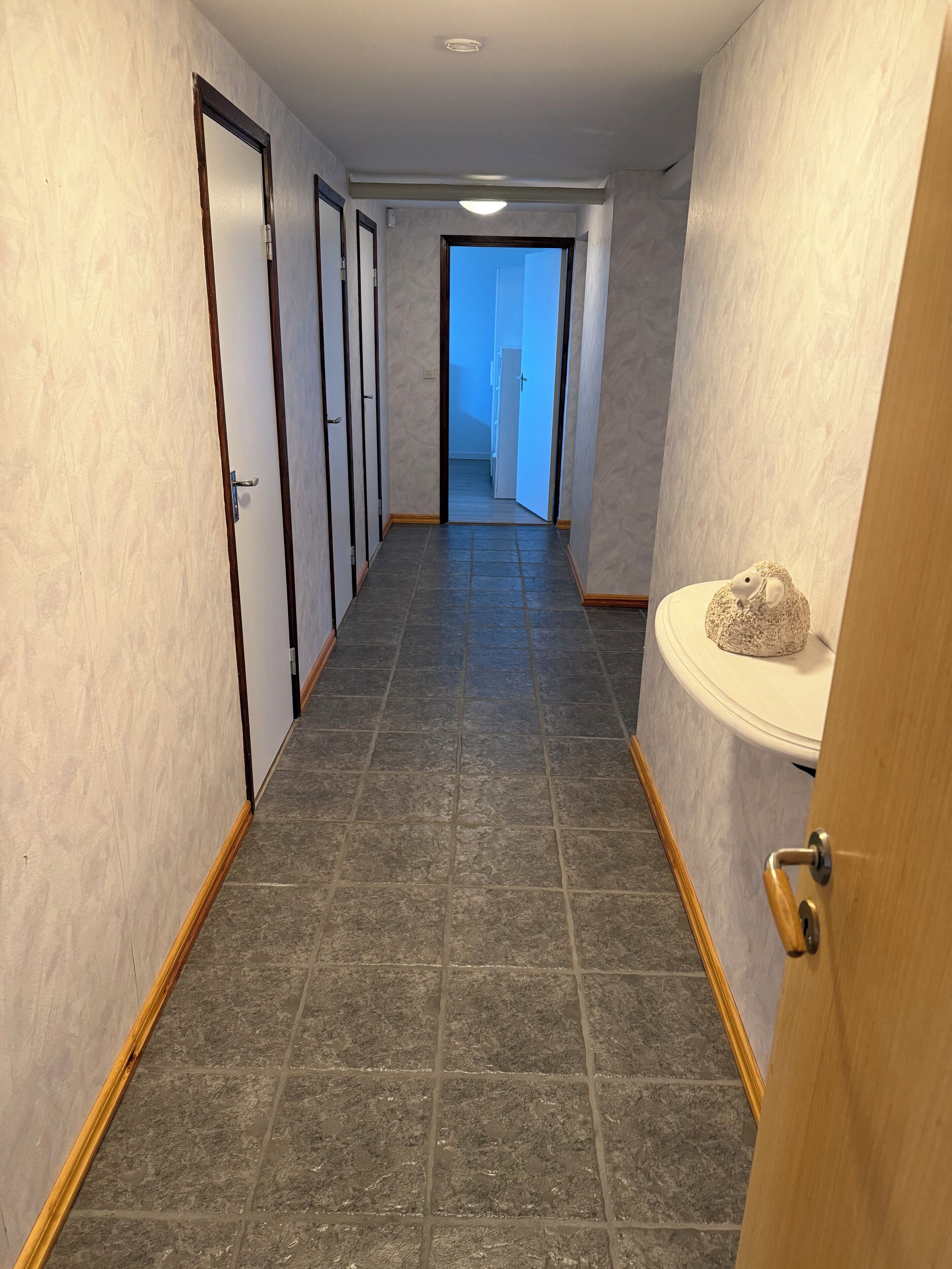 A hallway with a tiled floor, wooden doors, and a white wall with a small decorative item on a sink.