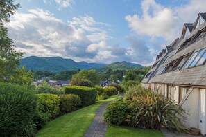 Ein Wohngebiet mit einem Weg, der zu einem Haus mit vielen Fenstern und einem geneigten Dach führt.