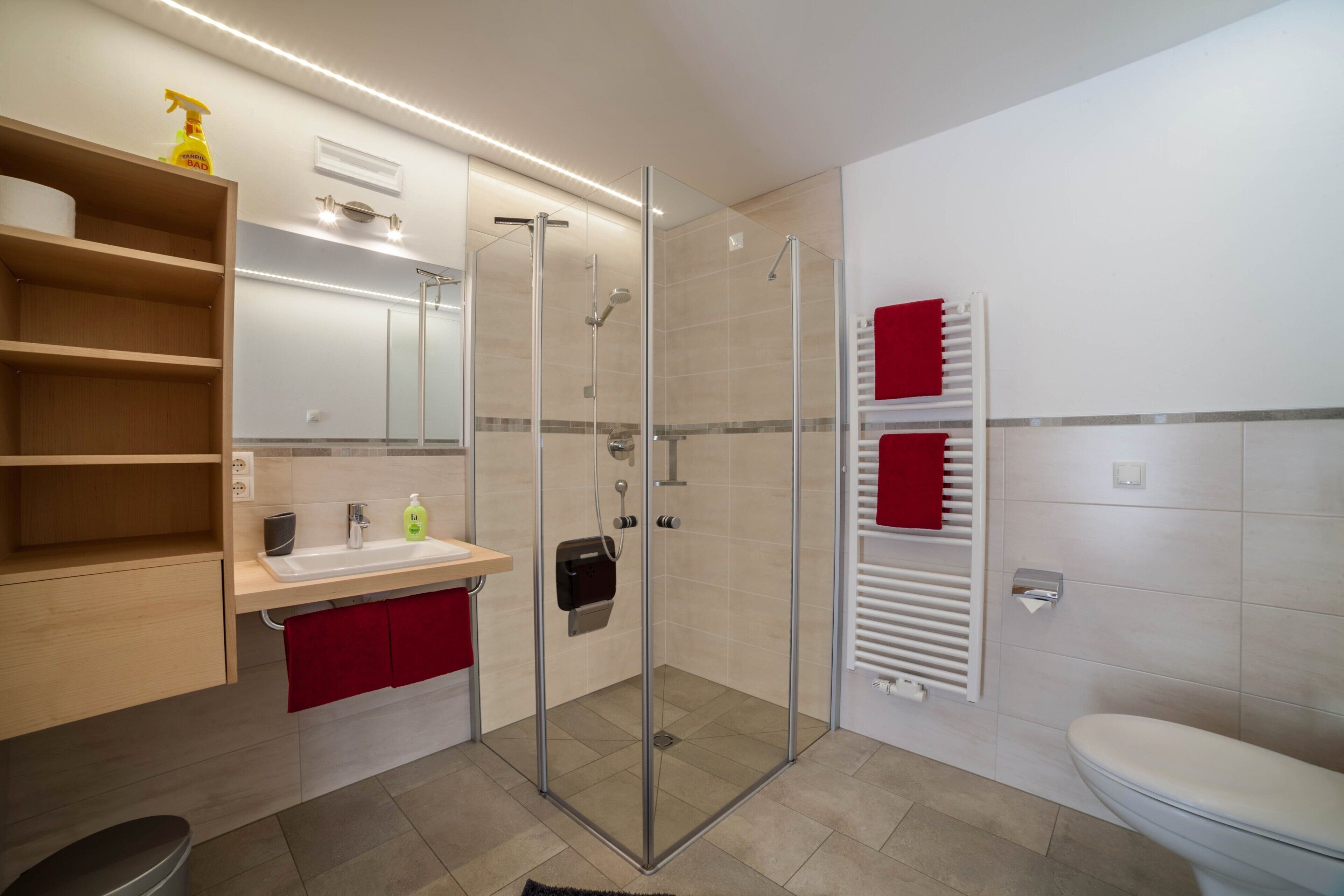 A modern bathroom with a glass shower enclosure, a toilet, a sink with a mirror, and a shelf with toiletries.