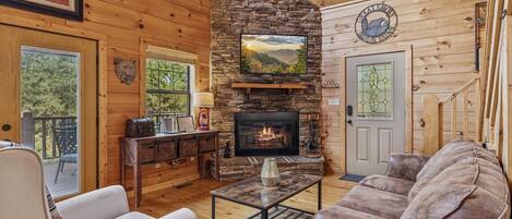 Een televisie, een open haard, videogames en een dvd-speler