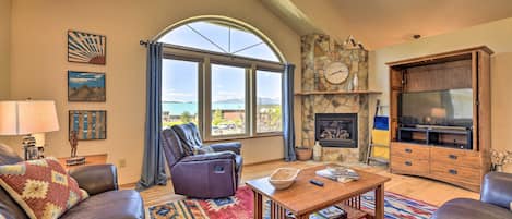 TV, fireplace, books