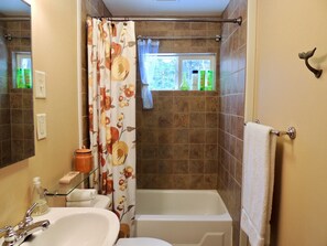 Duschwanne, Haartrockner, Handtücher, Seife