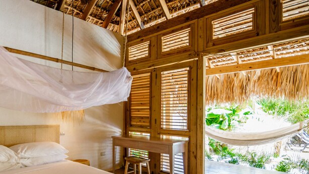 A room with a bed, a desk, and a hammock.