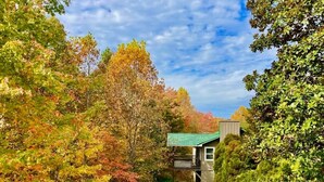 A house surrounded by autumn foliage with a green roof and a small deck.