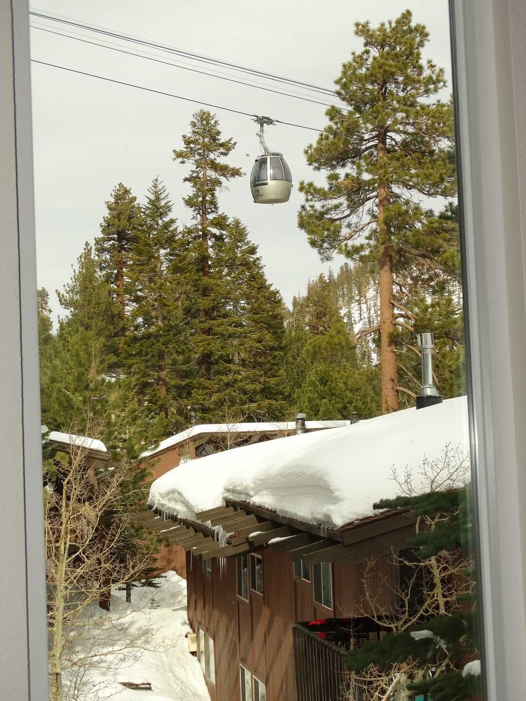 Een chalet met een skilift op de achtergrond, omringd door hoge dennenbomen en bedekt met sneeuw.