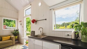 A modern kitchen with white cabinetry, a black countertop, and a dishwasher. There are two windows providing views of greenery outside.