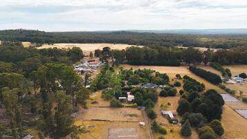 Vista aérea de uma área rural com edifícios dispersos, campos e florestas densas.