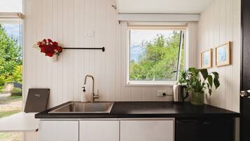 Eine Küche mit weißen Schränken, einer schwarzen Arbeitsplatte, einem Spülbecken, einem Fenster mit Blick ins Grüne und einem Blumentopf.